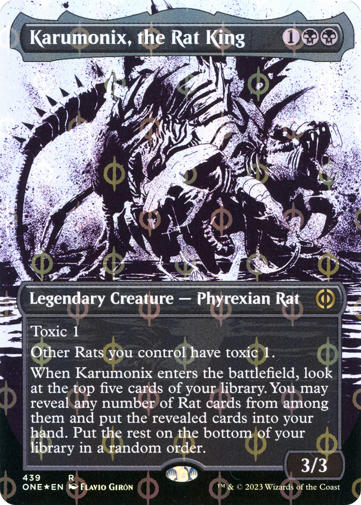 Image of Karumonix, the Rat King (Showcase) (Step-and-Compleat Foil) (ONE-439) - Phyrexia: All Will Be One: (Showcase) (Borderless) Foil