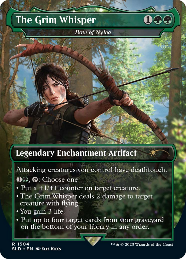 Image of The Grim Whisper - Bow of Nylea (SLD-1504) - Secret Lair Drop / The Grim Whisper: (enchantment) (Borderless) Foil
