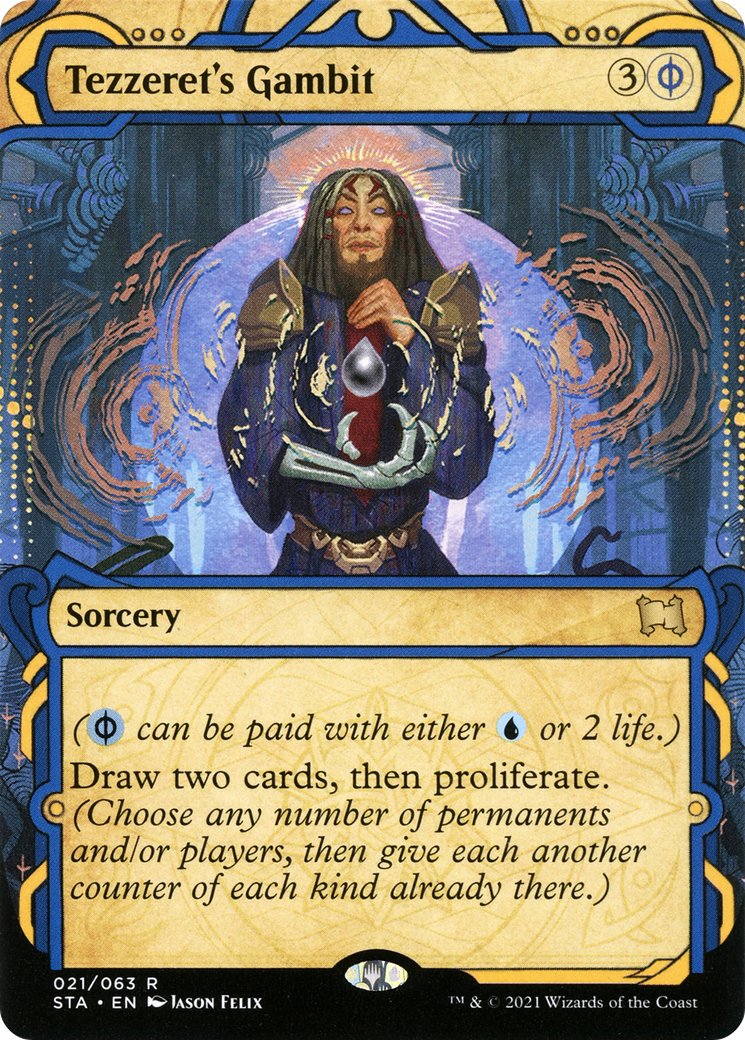 Image of Tezzeret's Gambit (STA-021) - Strixhaven Mystical Archive: (Showcase) (Borderless) Etched Foil