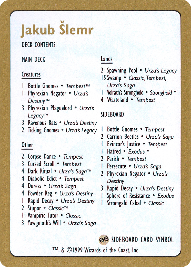 Image of 1999 Jakub Slemr Decklist Card (WCD-) - World Championship Decks 1999