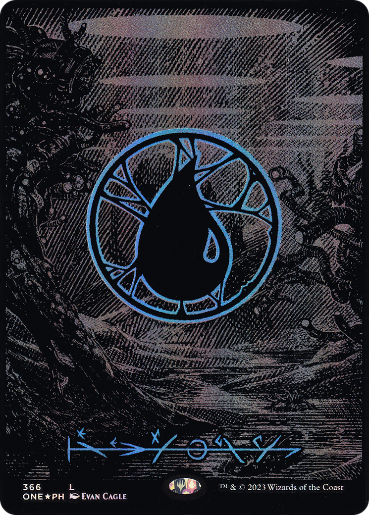 Image of Island (Phyrexian) - Full Art (Oil Slick Raised Foil) (ONE-366) - Phyrexia: All Will Be One (Borderless) Foil