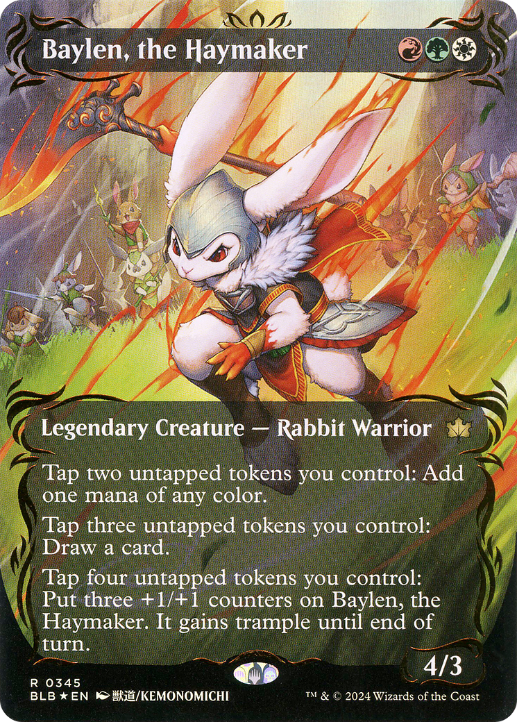 Image of Baylen, the Haymaker (Borderless) (Raised Foil) (BLB-345) - Bloomburrow: (Showcase) (Borderless) Foil