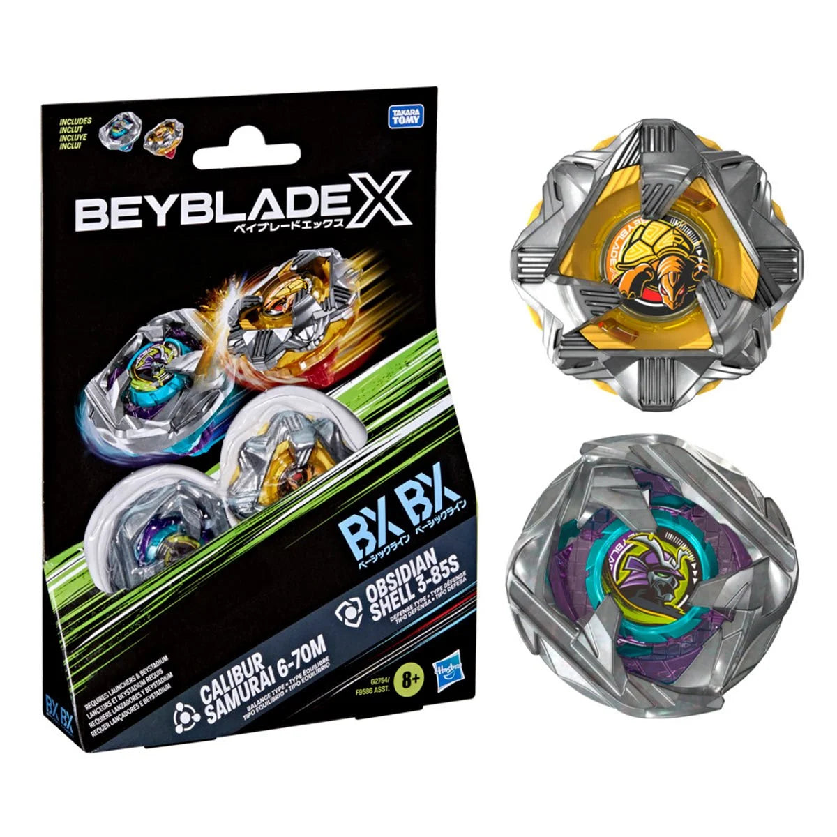 Image of Beyblade X Calibur Samurai 6-70M BX & Obsidian Shell 3-85S BX Dual Pack Set