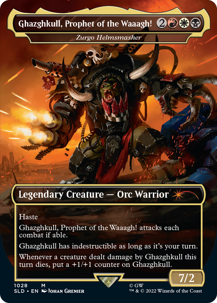 Image of Ghazghkull, Prophet of the Waaagh! - Zurgo Helmsmasher (Borderless) (SLD-1028) - Secret Lair Drop / Ghazghkull, Prophet of the Waaagh! (Borderless) Foil