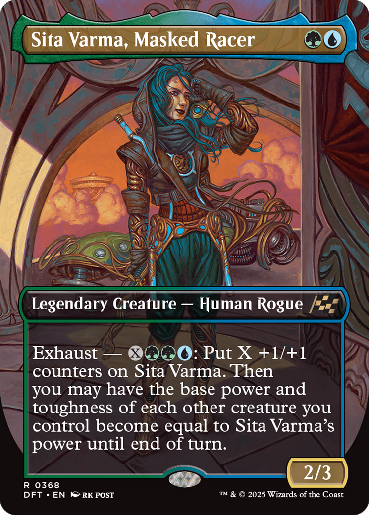 Image of Sita Varma, Masked Racer (Borderless) (DFT-368) - Aetherdrift (Borderless) Foil