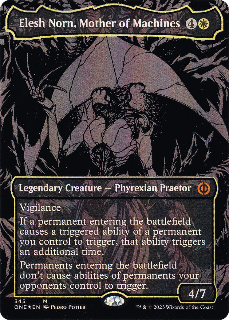 Image of Elesh Norn, Mother of Machines (Oil Slick Raised Foil) (ONE-345) - Phyrexia: All Will Be One (Borderless) Foil