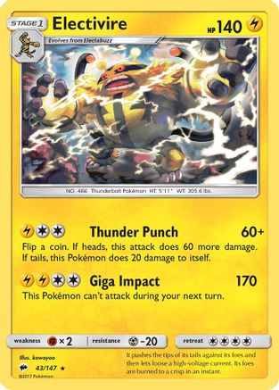 Image of Electivire 043/147  - Reverse Holofoil SM  Burning Shadows - Rare
