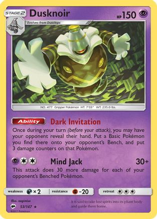 Image of Dusknoir 053/147  - Reverse Holofoil SM  Burning Shadows - Holo Rare
