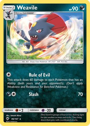 Image of Weavile 086/147  - Reverse Holofoil SM  Burning Shadows - Rare