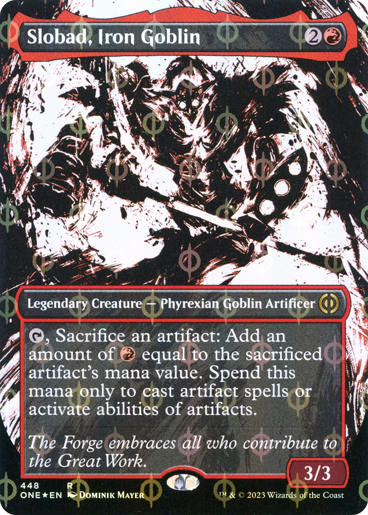 Image of Slobad, Iron Goblin (Showcase) (Step-and-Compleat Foil) (ONE-448) - Phyrexia: All Will Be One: (Showcase) (Borderless) Foil
