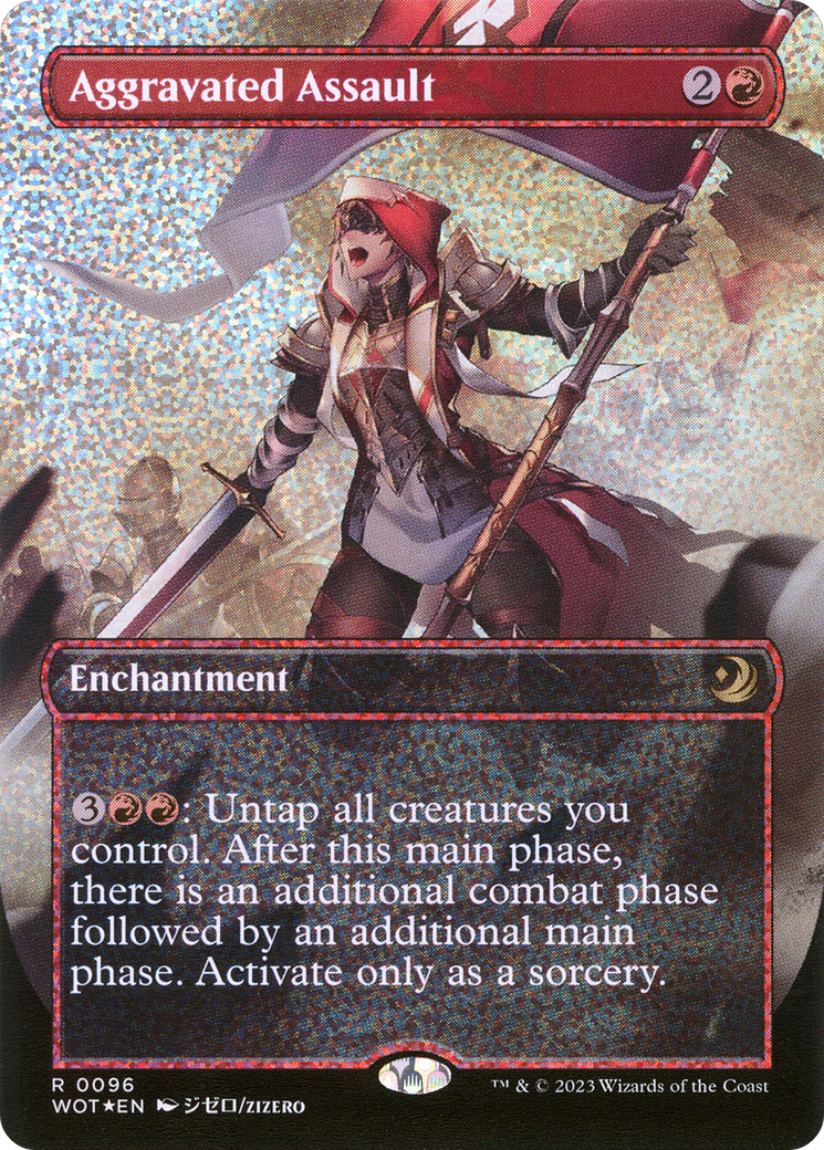 Image of Aggravated Assault (Anime Borderless) (Confetti Foil) (WOT-096) - Wilds of Eldraine: Enchanting Tales (Borderless) Foil