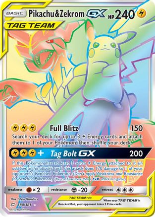 Image of Pikachu & Zekrom GX (Secret) 184  - Holofoil SM  Team Up - Secret Rare