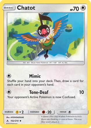 Image of Chatot 162  - Reverse Holofoil SM  Unbroken Bonds - Uncommon
