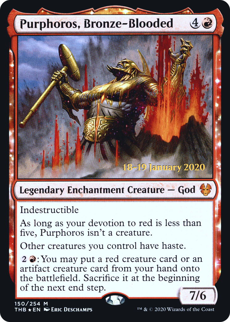 Image of Purphoros, Bronze-Blooded (PRE-150) - Theros Beyond Death Promos: (enchantment) Foil