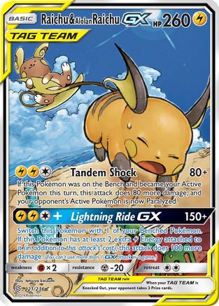 Image of Raichu & Alolan Raichu GX (Alternate Full Art) 221  - Holofoil SM  Unified Minds - Ultra Rare