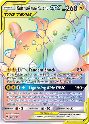Image of Raichu & Alolan Raichu GX (Secret) 241  - Holofoil SM  Unified Minds - Secret Rare