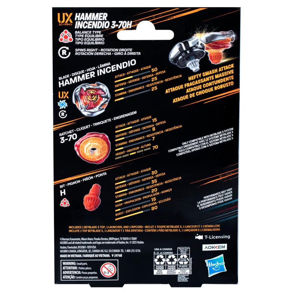 Image of Hasbro Beyblade X Hammer Incendio 3-70H UX Starter Pack Top and Launcher