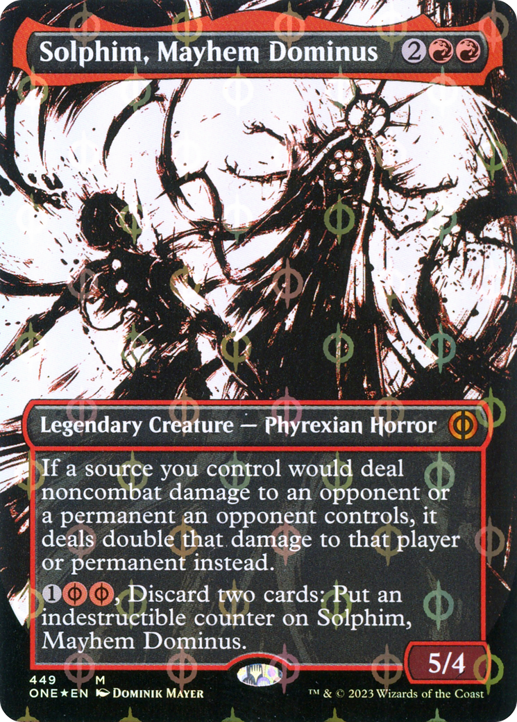 Image of Solphim, Mayhem Dominus (Showcase) (Step-and-Compleat Foil) (ONE-449) - Phyrexia: All Will Be One: (Showcase) (Borderless) Foil