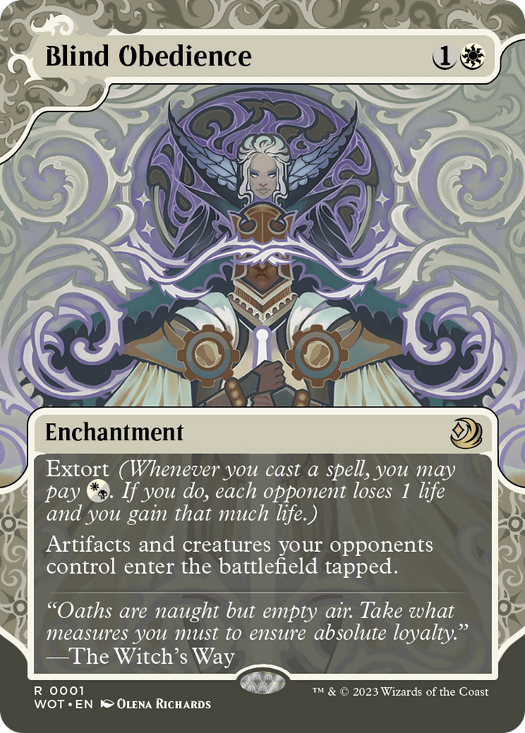Image of Blind Obedience (WOT-001) - Wilds of Eldraine: Enchanting Tales: (Showcase) (Borderless) Foil