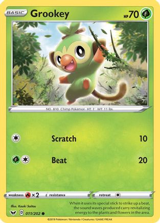 Image of Grookey (011) 011/202  - Reverse Holofoil SWSH01 Sword & Shield Base Set - Common