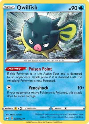 Image of Qwilfish 051/202  - Reverse Holofoil SWSH01 Sword & Shield Base Set - Uncommon
