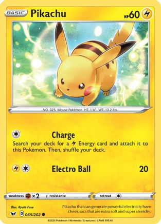 Image of Pikachu 065/202  - Reverse Holofoil SWSH01 Sword & Shield Base Set - Common