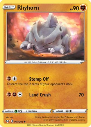 Image of Rhyhorn (097) 097/202  - Reverse Holofoil SWSH01 Sword & Shield Base Set - Common