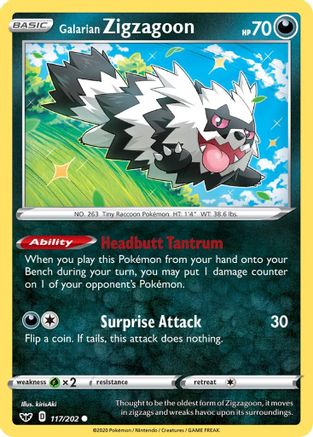 Image of Galarian Zigzagoon 117/202  - Reverse Holofoil SWSH01 Sword & Shield Base Set - Common