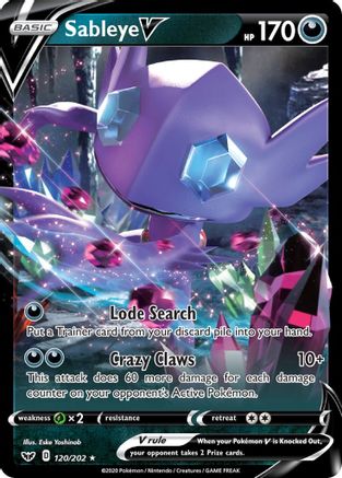 Image of Sableye V 120/202  - Holofoil SWSH01 Sword & Shield Base Set - Ultra Rare
