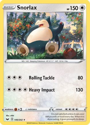 Image of Snorlax 140/202  - Reverse Holofoil SWSH01 Sword & Shield Base Set - Rare