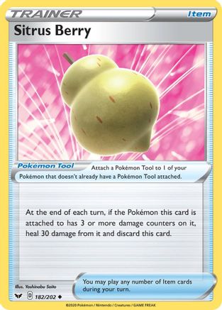 Image of Sitrus Berry 182/202  - Reverse Holofoil SWSH01 Sword & Shield Base Set - Uncommon