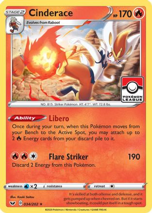 Image of Cinderace 034/202  - Reverse Holofoil League & Championship Cards - Promo