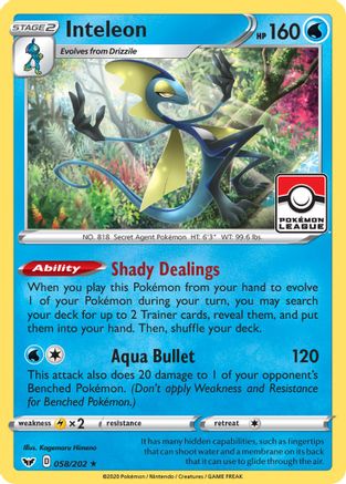 Image of Inteleon 058/202  - Reverse Holofoil League & Championship Cards - Promo