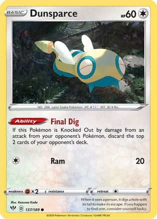 Image of Dunsparce 137/189  - Reverse Holofoil SWSH03 Darkness Ablaze - Common
