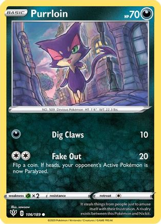 Image of Purrloin 106/189  - Reverse Holofoil SWSH03 Darkness Ablaze - Common