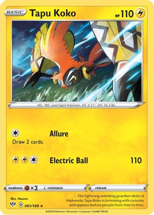 Image of Tapu Koko 061/189  - Reverse Holofoil SWSH03 Darkness Ablaze - Holo Rare
