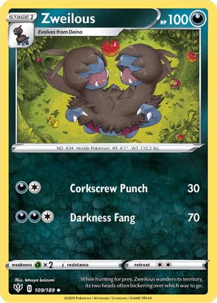 Image of Zweilous 109/189  - Reverse Holofoil SWSH03 Darkness Ablaze - Uncommon