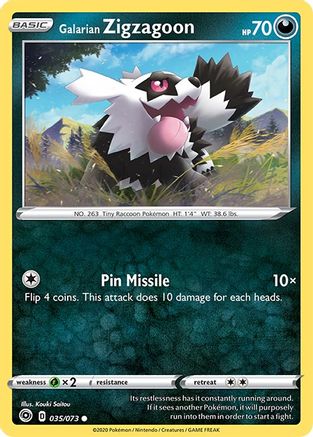Image of Galarian Zigzagoon 035/73  - Reverse Holofoil Champions Path - Common
