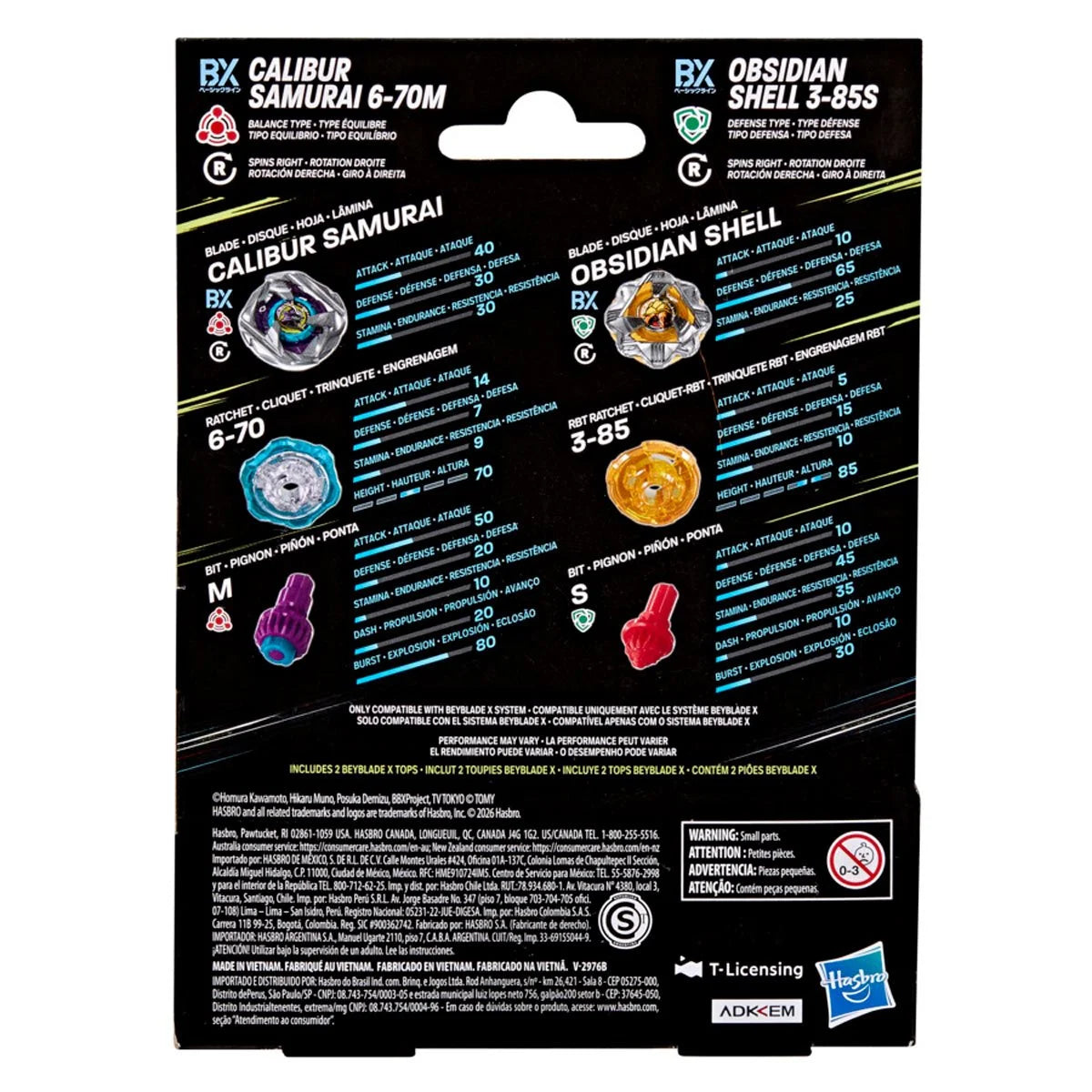 Image of Beyblade X Calibur Samurai 6-70M BX & Obsidian Shell 3-85S BX Dual Pack Set