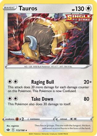 Image of Tauros 115/198  - Reverse Holofoil SWSH06 Chilling Reign - Holo Rare