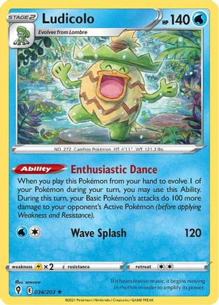 Image of Ludicolo 034/203  - Reverse Holofoil SWSH07 Evolving Skies - Holo Rare