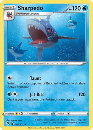 Image of Sharpedo 036/203  - Reverse Holofoil SWSH07 Evolving Skies - Rare