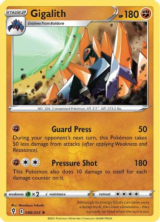 Image of Gigalith 088/203  - Reverse Holofoil SWSH07 Evolving Skies - Rare
