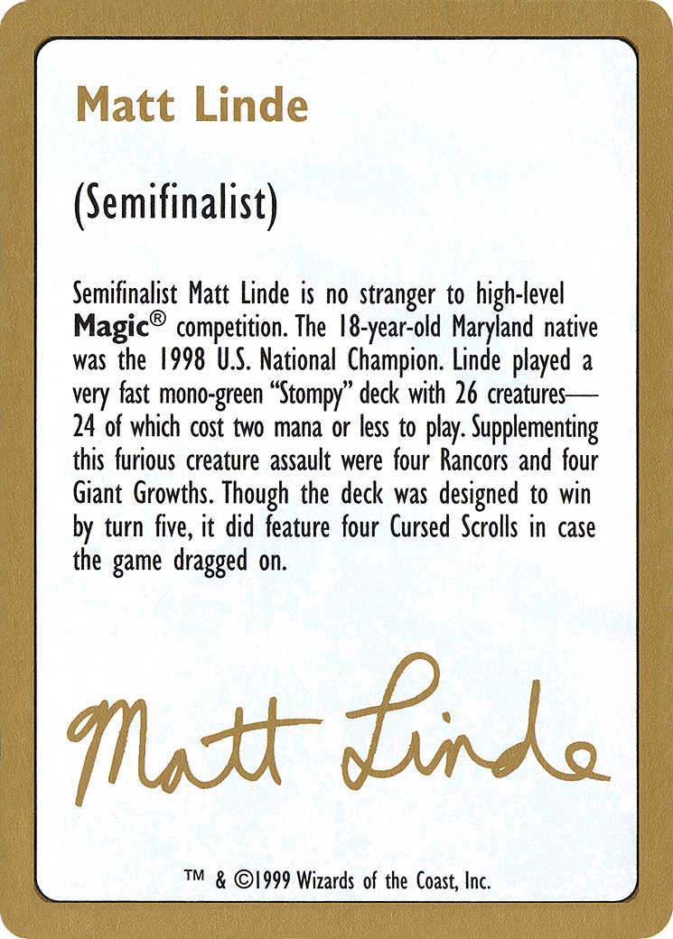 Image of 1999 Matt Linde Biography Card (WCD-) - World Championship Decks 1999