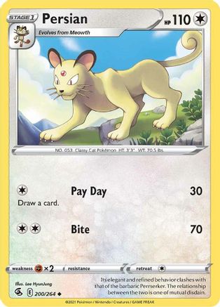 Image of Persian 200/264  - Reverse Holofoil SWSH08 Fusion Strike - Uncommon