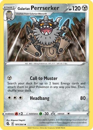 Image of Galarian Perrserker 181/264  - Reverse Holofoil SWSH08 Fusion Strike - Uncommon