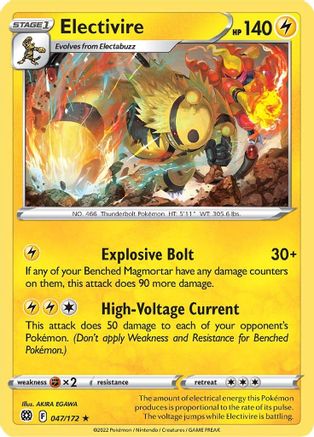 Image of Electivire 047/172  - Reverse Holofoil SWSH09 Brilliant Stars - Rare