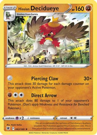 Image of Hisuian Decidueye 082/189  - Holofoil SWSH10 Astral Radiance - Holo Rare