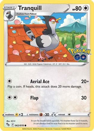 Image of Tranquill 062/078  - Reverse Holofoil Pokemon GO - Common