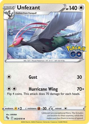 Image of Unfezant 063/078  - Reverse Holofoil Pokemon GO - Uncommon